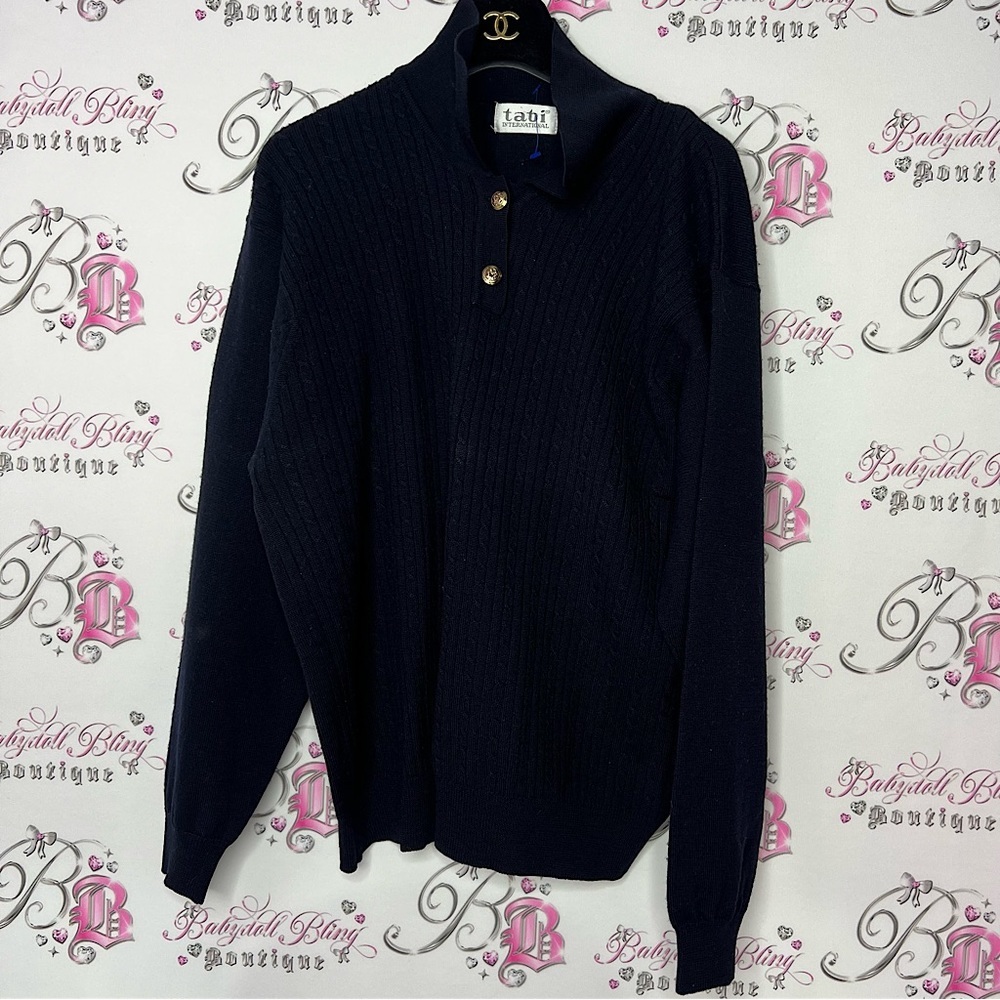 Tabi international navy blue cable knit sweater with gold luxury buttons shirt
